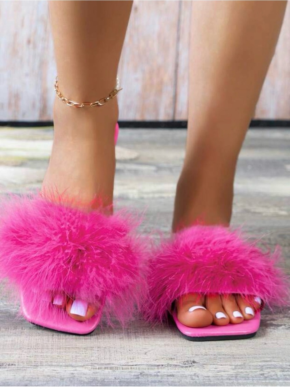 Hot Pink Faux Feather Slide Sandals